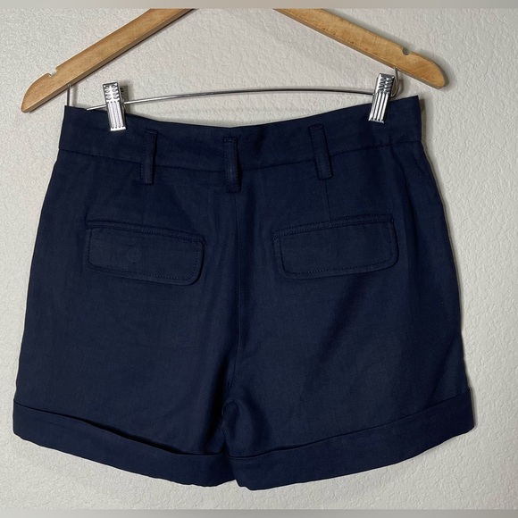 Vince Navy Tailored Linen Pleated Cuffed Hem Shorts Size 4 - Picture 2 of 7